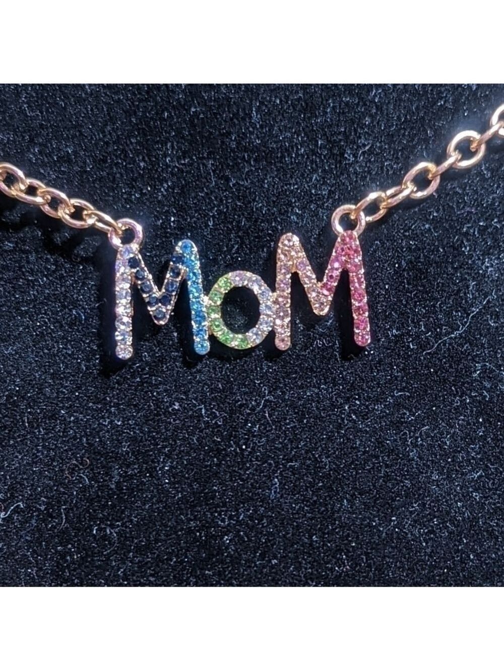 Pendant--MOM gold tone with color crystals gems